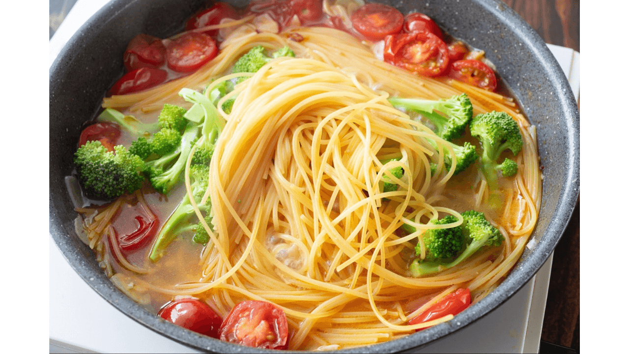 茹でているパスタに小房のブロッコリーを加える工程
