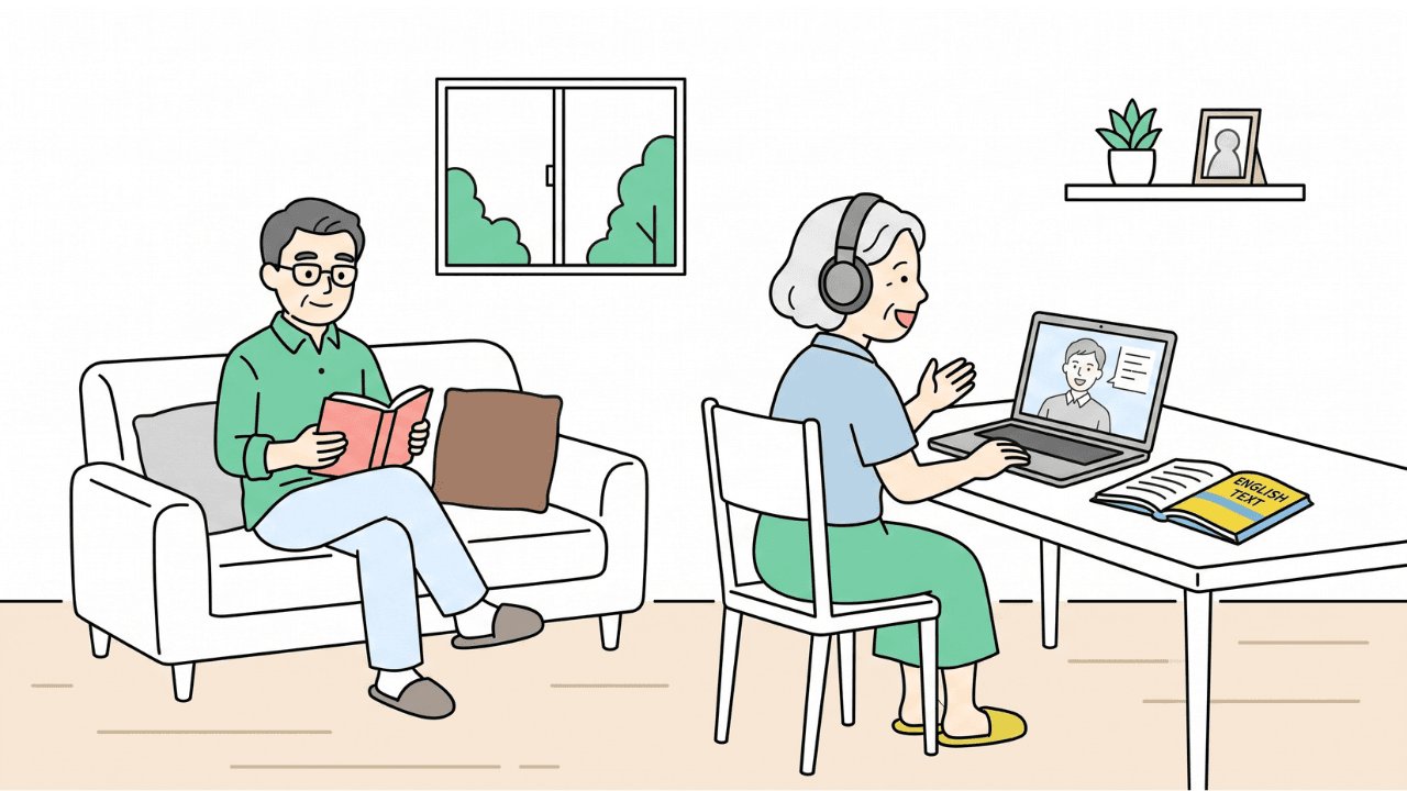 脳の健康・活性化によい趣味を楽しむ夫婦(リビングで夫は読書を楽しみ、妻はオンライン英会話を楽しむ)