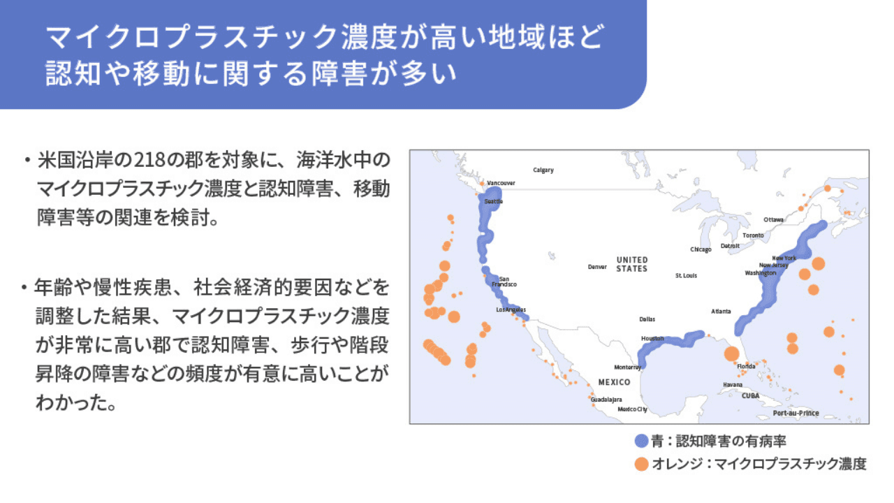 マイクロプラスチック濃度が高い地域ほど認知や移動に関連する障害が多い