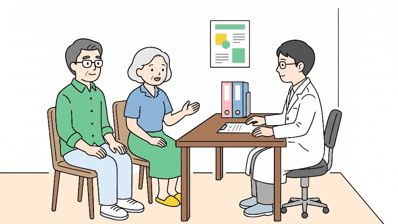 高齢の夫婦が診察室で医師の診療を受けている様子を表したイラスト
