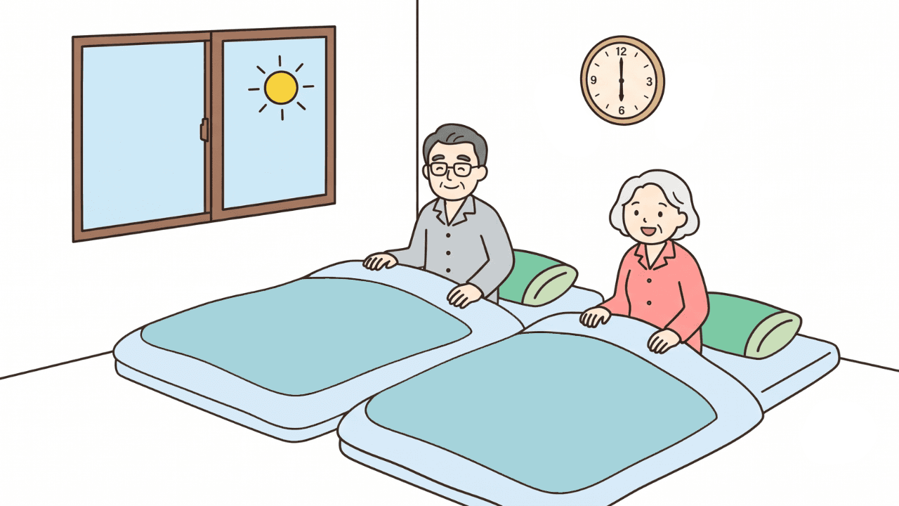 高齢の夫婦が、朝気持ちよく起床している様子を表したイラスト