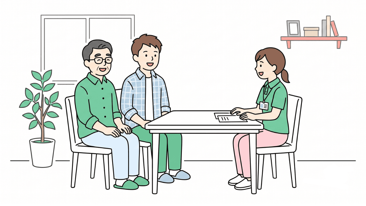 ケアマネージャーの女性と相談している高齢の男性と家族