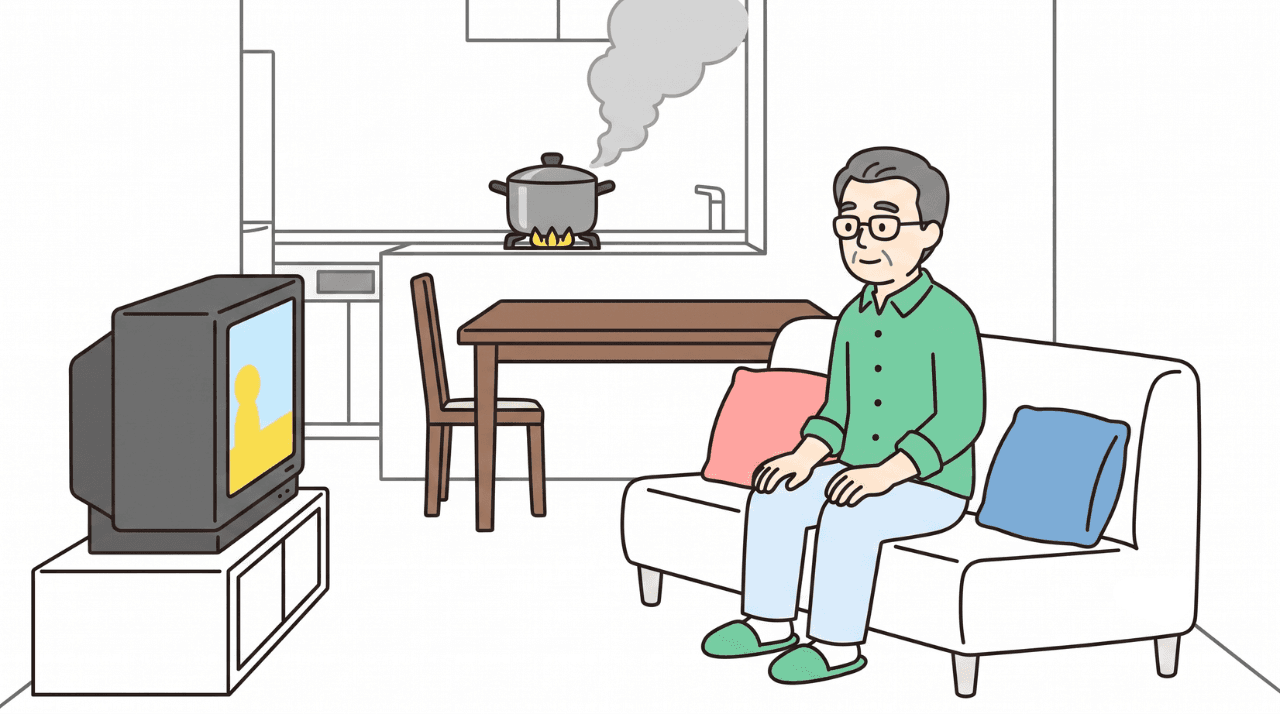コンロで料理をしていたのを忘れてテレビを見ている高齢の男性。鍋からは煙があがっている。