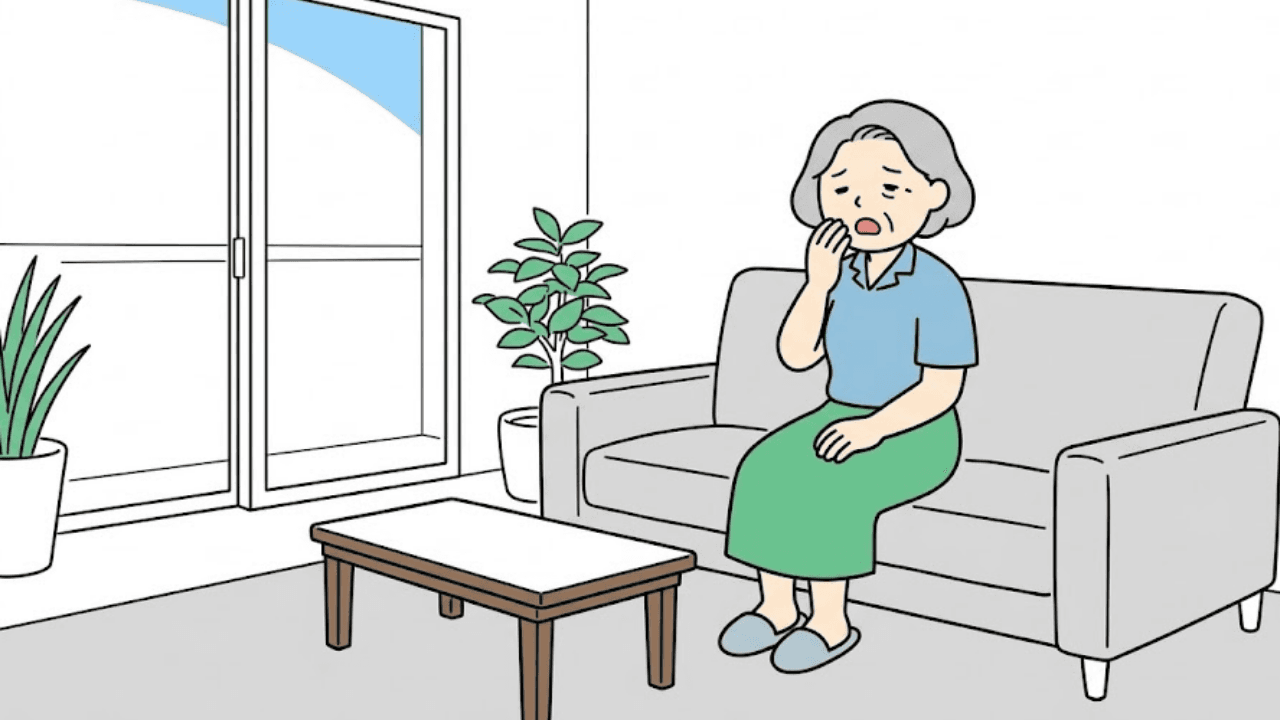高齢の女性が日中ソファで眠そうにしている様子を表したイラスト