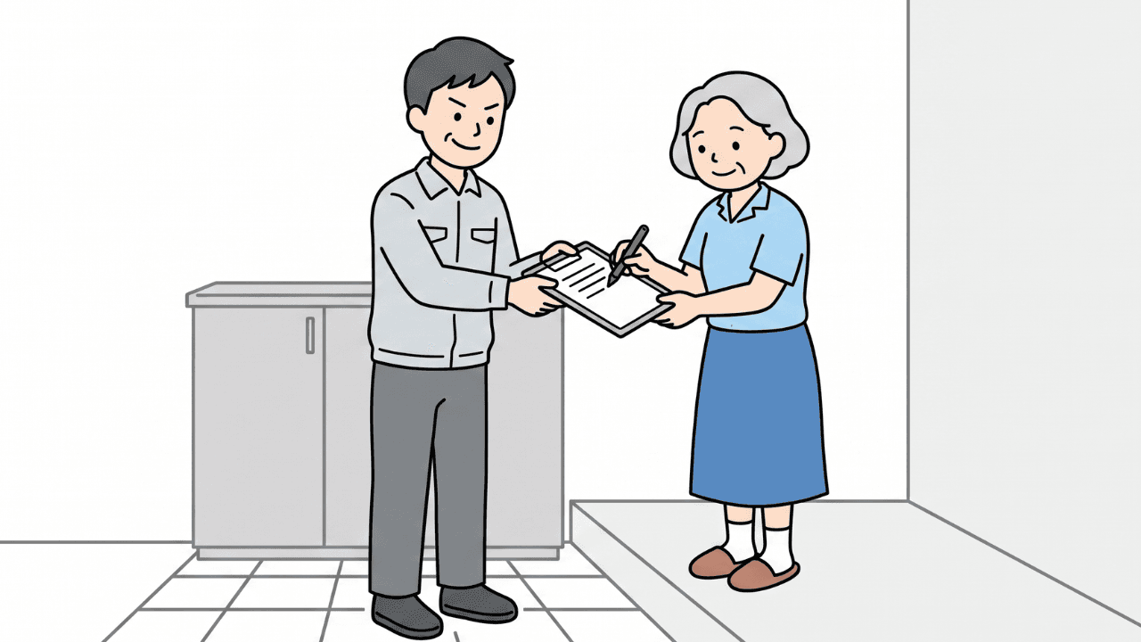 高齢者を騙そうとしている男性と、騙されていると知らずに契約書にサインをしている高齢者の女性