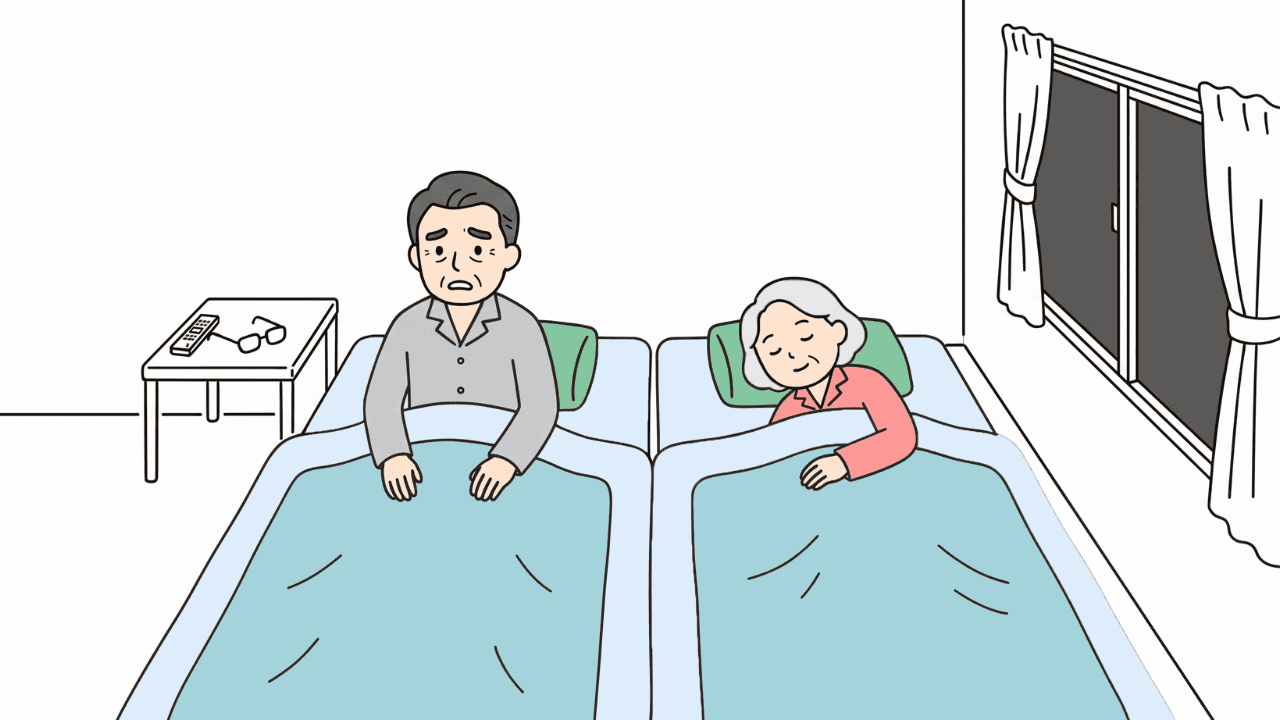 高齢の男性が睡眠障害により寝付けずに困っている様子を表すイラスト