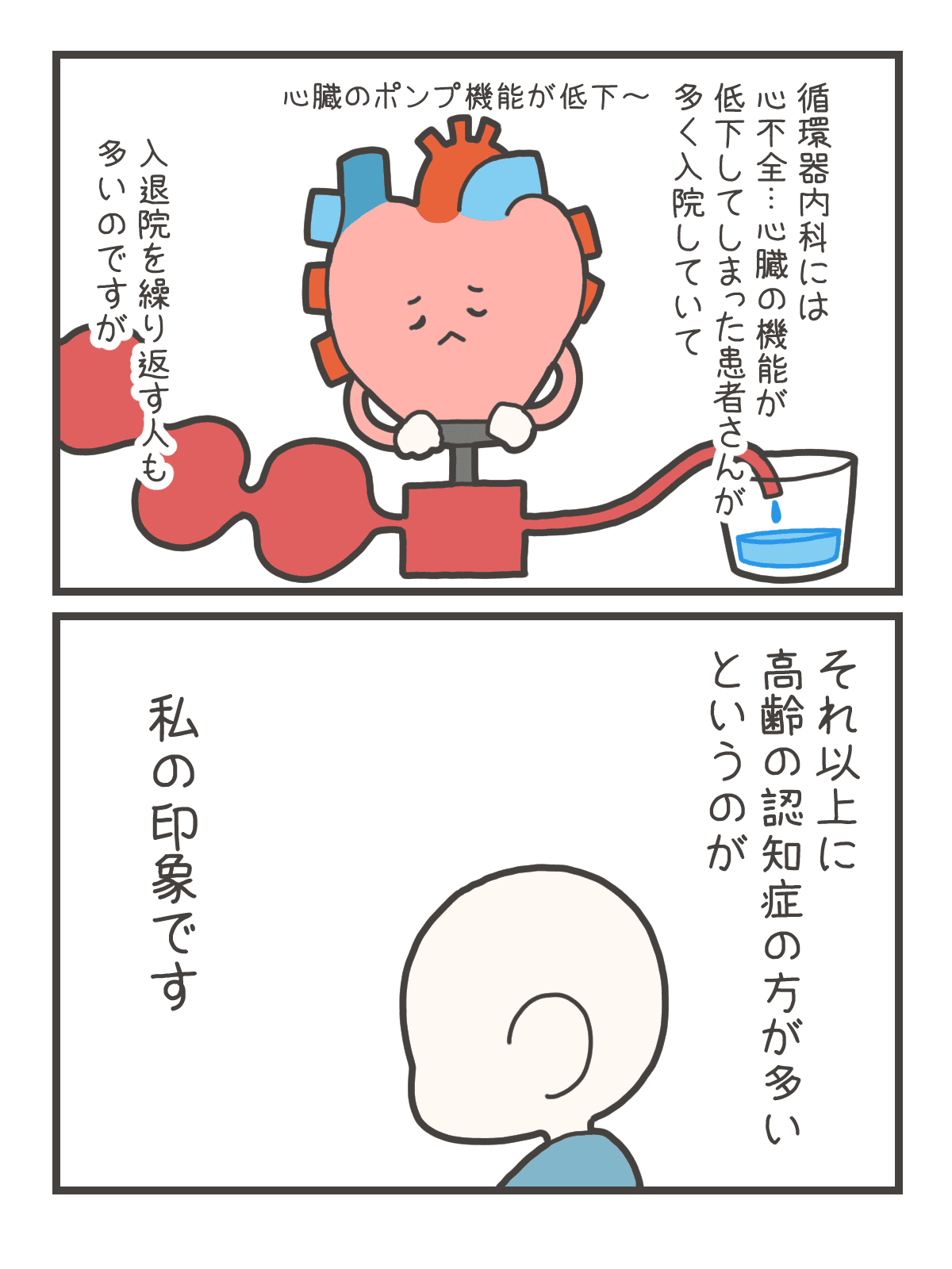 循環器内科には心臓の機能が低下して入退院を繰り返す患者が多く、高齢で認知症のある患者も多いと説明される。高齢患者の後ろ姿が描かれている。