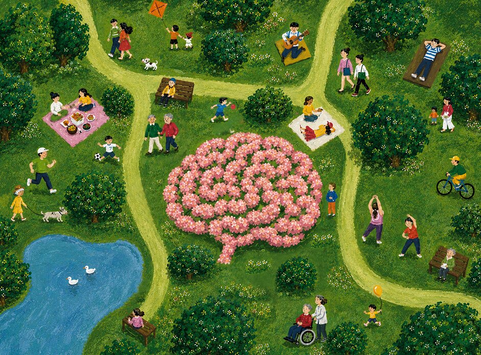 公園でくつろいだり体を動かしたりする人々と、中央に脳の形をした花壇が描かれたイラスト